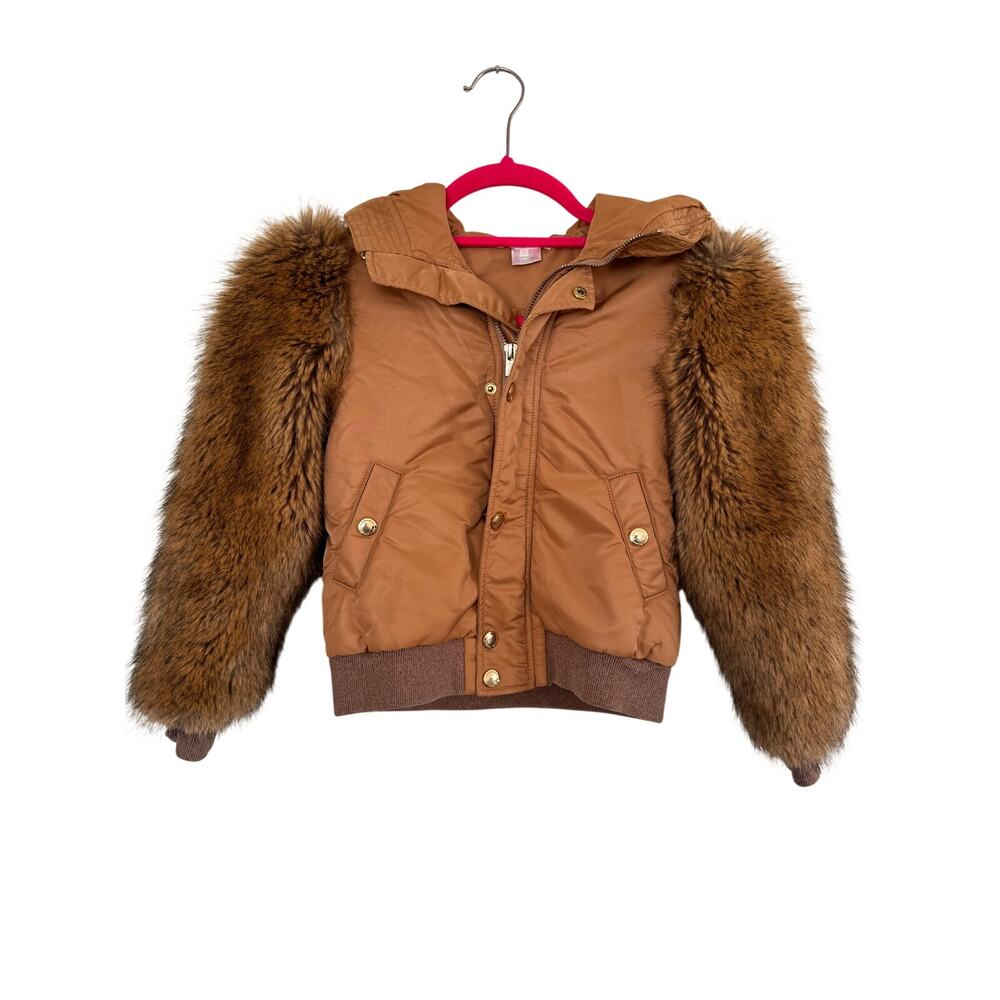 Chloe Girls Faux Fur Sleeve Puffer Jacket Camel Hooded Coat 8Y